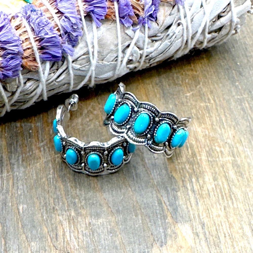 Turquoise drops big bohemian hoop earrings chunky /protection and peace